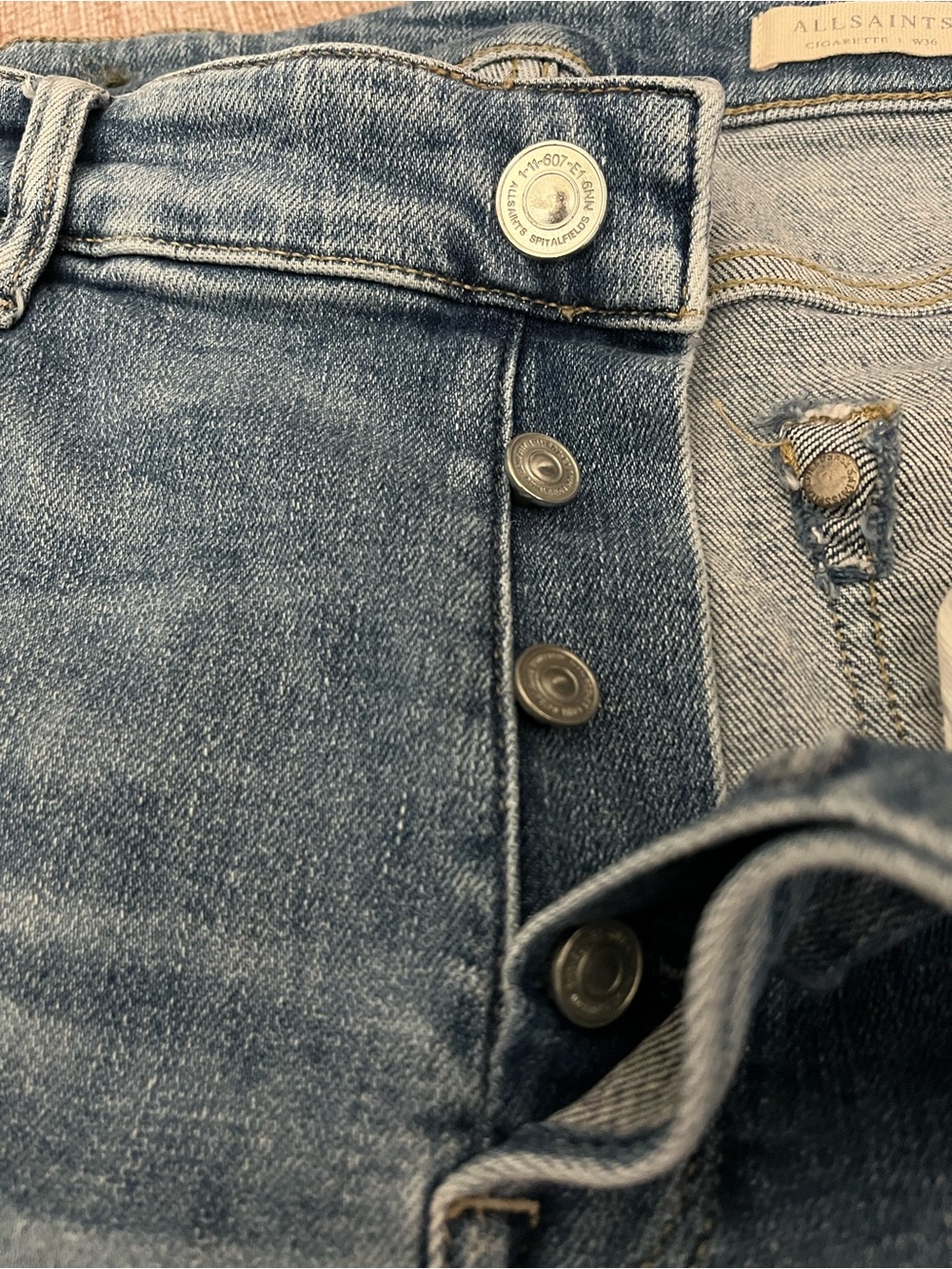 AllSaints Cigarette Slim light wash blue Jeans men’s 36” Button fly - Picture 5 of 12